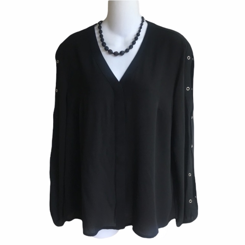 New Directions NWT Black Button Down Split Arm Blouse PS Grommets Long Sleeve